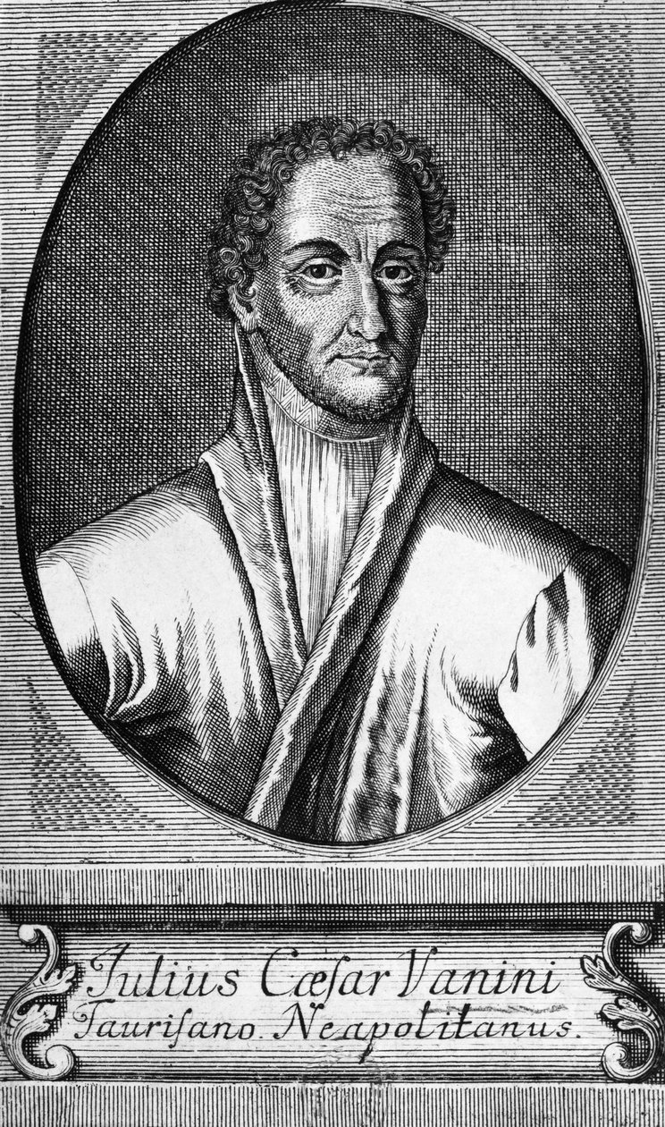 Muotokuva Lucilio Vaninista, joka tunnetaan nimellä Giulio Cesare Vanini (1585-1619), italialainen filosofi, lääkäri ja vapaa-ajattelija, joka oli yksi ensimmäisistä merkittävistä älyllisen libertinismin edustajista, kaiverrus tekijältä Walter Charles Mills