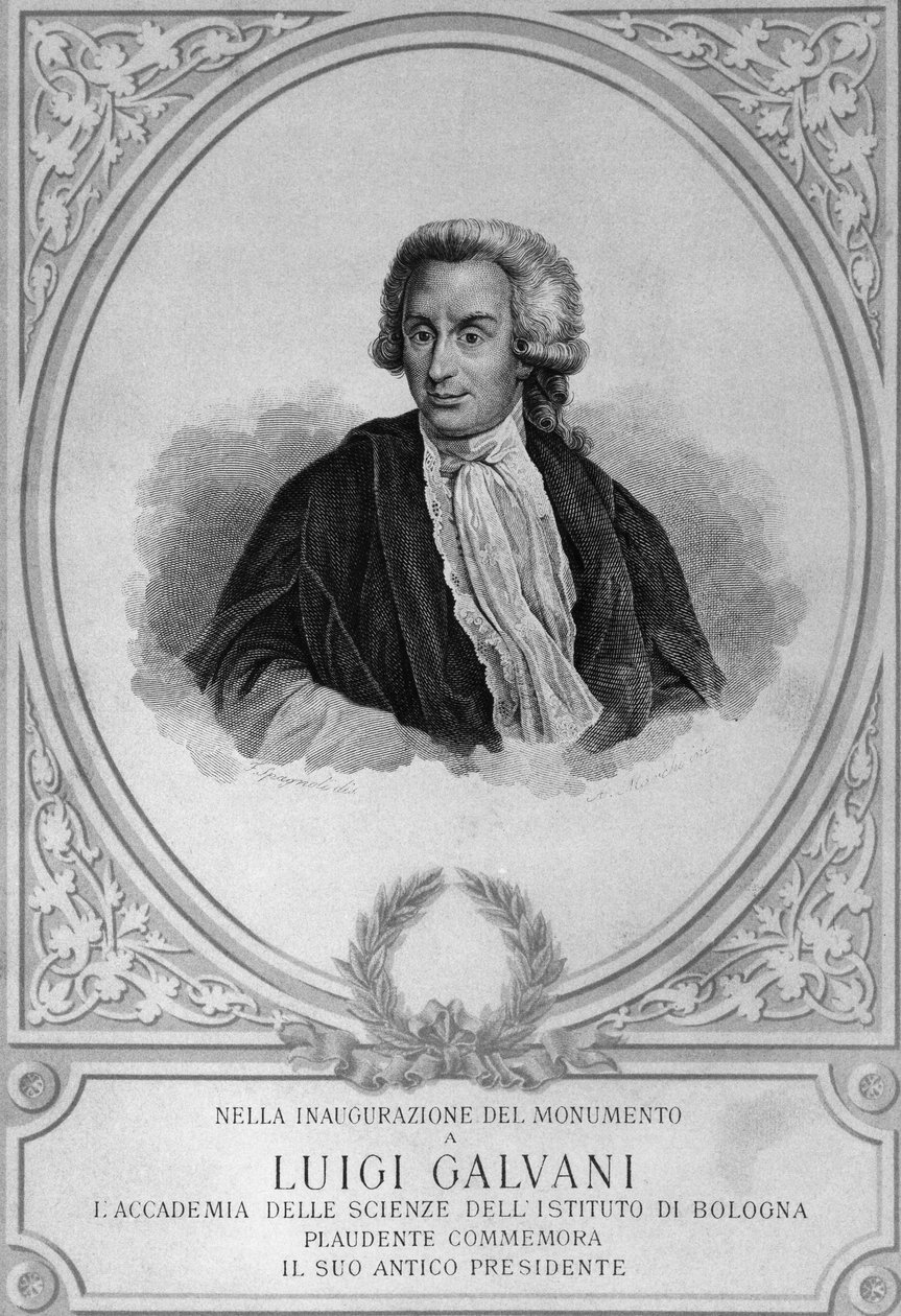 Luigi Galvanin (1737-1798), italialaisen fysiologin, fyysikon, biologin ja anatomin muotokuva, joka löysi eläinsähkön, piirustuksen tekijältä Walter Charles Mills