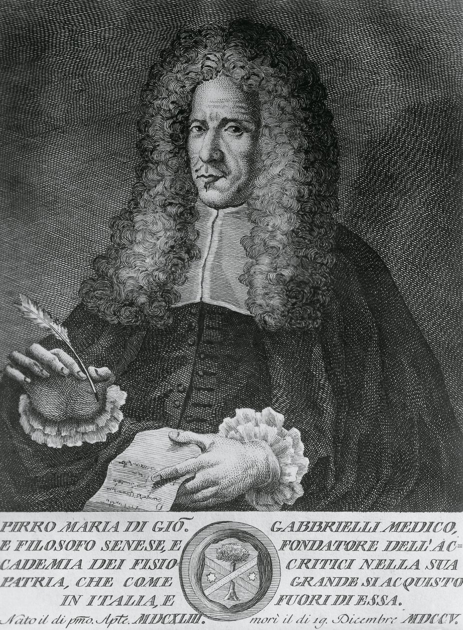 Pirro Maria Gabbriellin (1643-1705), italialaisen filosofin ja teoreettisen lääketieteen ja kasvitieteen professorin muotokuva, Cosimo Zocchin kaiverrus (toiminut 1740 - noin 1787) tekijältä Walter Charles Mills