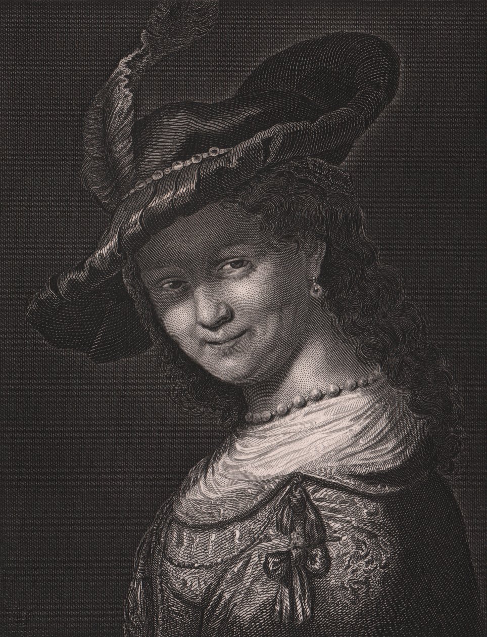 Muotokuva Saskia van Uylenburghista (1612-1642), Rembrandtin vaimo, L Raabin kaiverrus Rembrandtin maalauksesta, Paynen kuninkaallisesta Dresdenin galleriasta, Albert Henry Payne, H Payne Dresden ja Leipzig Publisher, noin 1840 tekijältä Walter Charles Mills