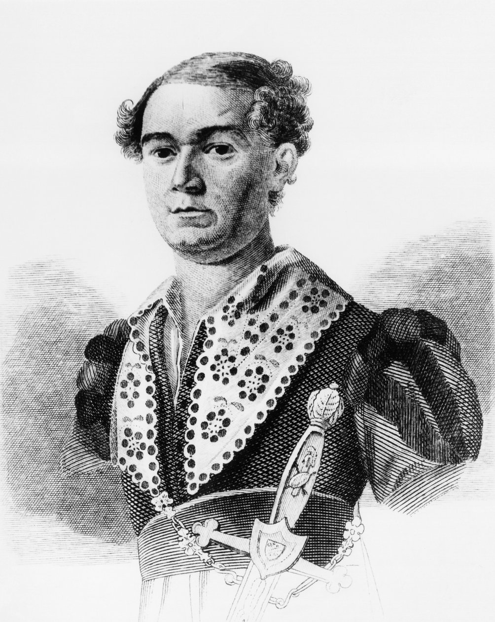 Venäläisen näyttelijän Vasili Andrejevitš Karatyginin (1802-1853) muotokuva, kaiverrus Russkaja Taliasta, Faddei Venediktovitš Bulgarinin antologia, julkaistu vuonna 1825 tekijältä Walter Charles Mills