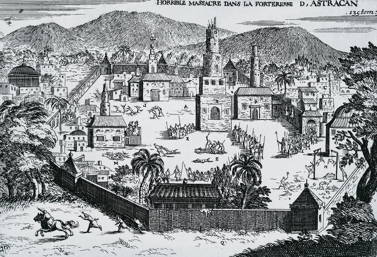 Stepan Razinin johtamat kasakat hyökkäsivät Astrahanin linnoitukseen vuonna 1670 Venäjällä tekijältä Walter Charles Mills