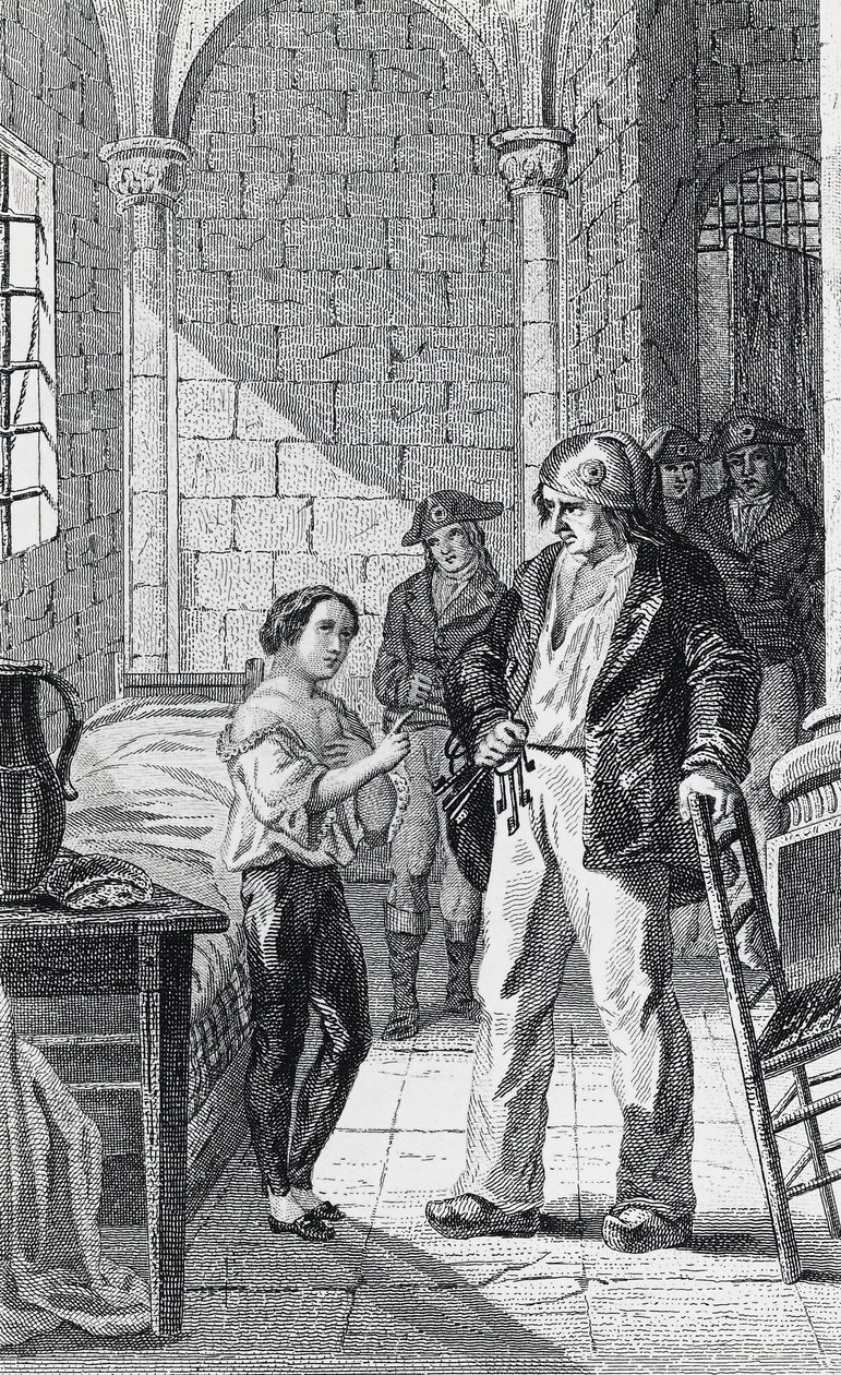Dauphin Louis Charles ja hänen hoitajansa Antoine Simon temppelivankilassa, kaiverrus Philippoteaux ja Girardet, Ranskan vallankumous, Ranska. tekijältä Walter Charles Mills