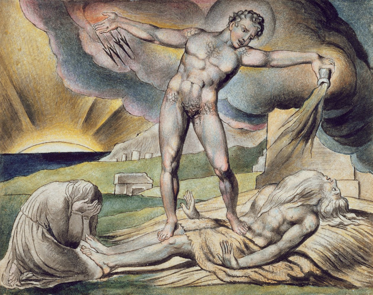 Saatana löi Jobia kiehuen, sivu 6 julkaisusta Illustrations of the Book of Job, William Blaken (1757-1827) n. 1823 mukaan (kynä ja muste pesulla paperilla) tekijältä John (circle of) Linnell