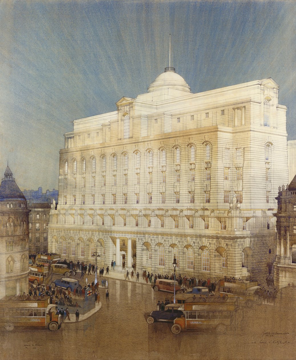 Arkkitehtoninen suunnittelu Midland Bankin päämajaan, Poultry, Lontoo tekijältä John A. and Saunders, Charles Gotch