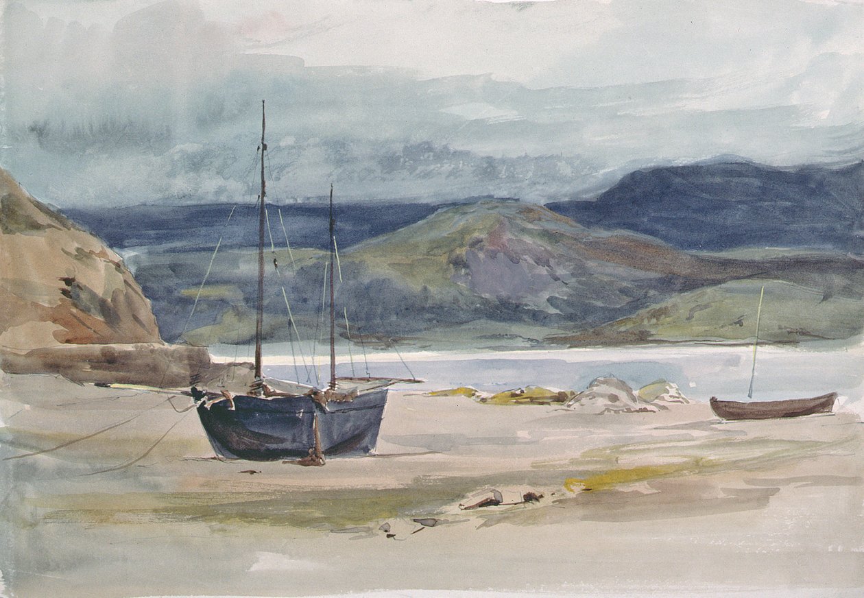 Mäkinen rannikkomaisema veneineen, 1800-luku tekijältä John Absolon