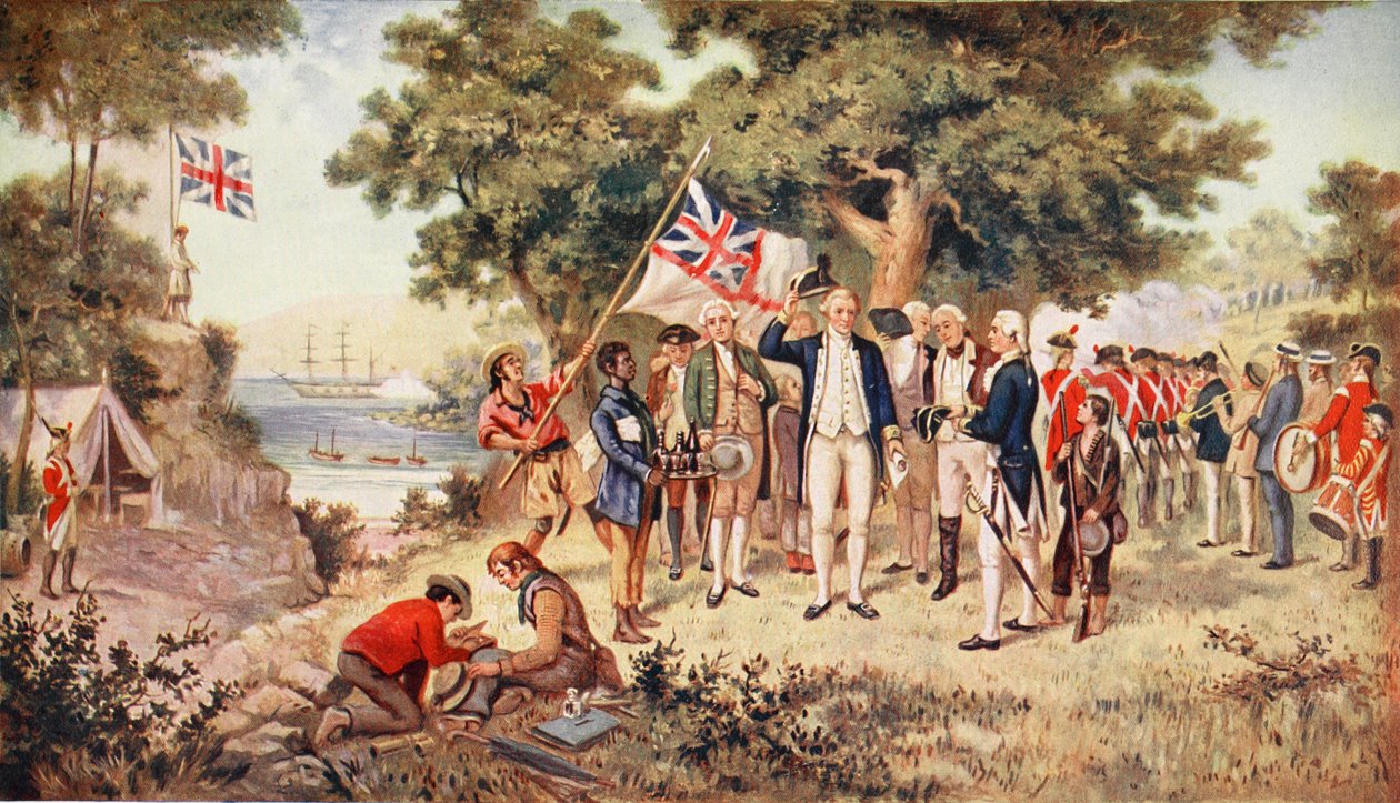 Kapteeni Cook ottaa haltuunsa Uuden Etelä-Walesin, 1770, kuvitus teoksesta 