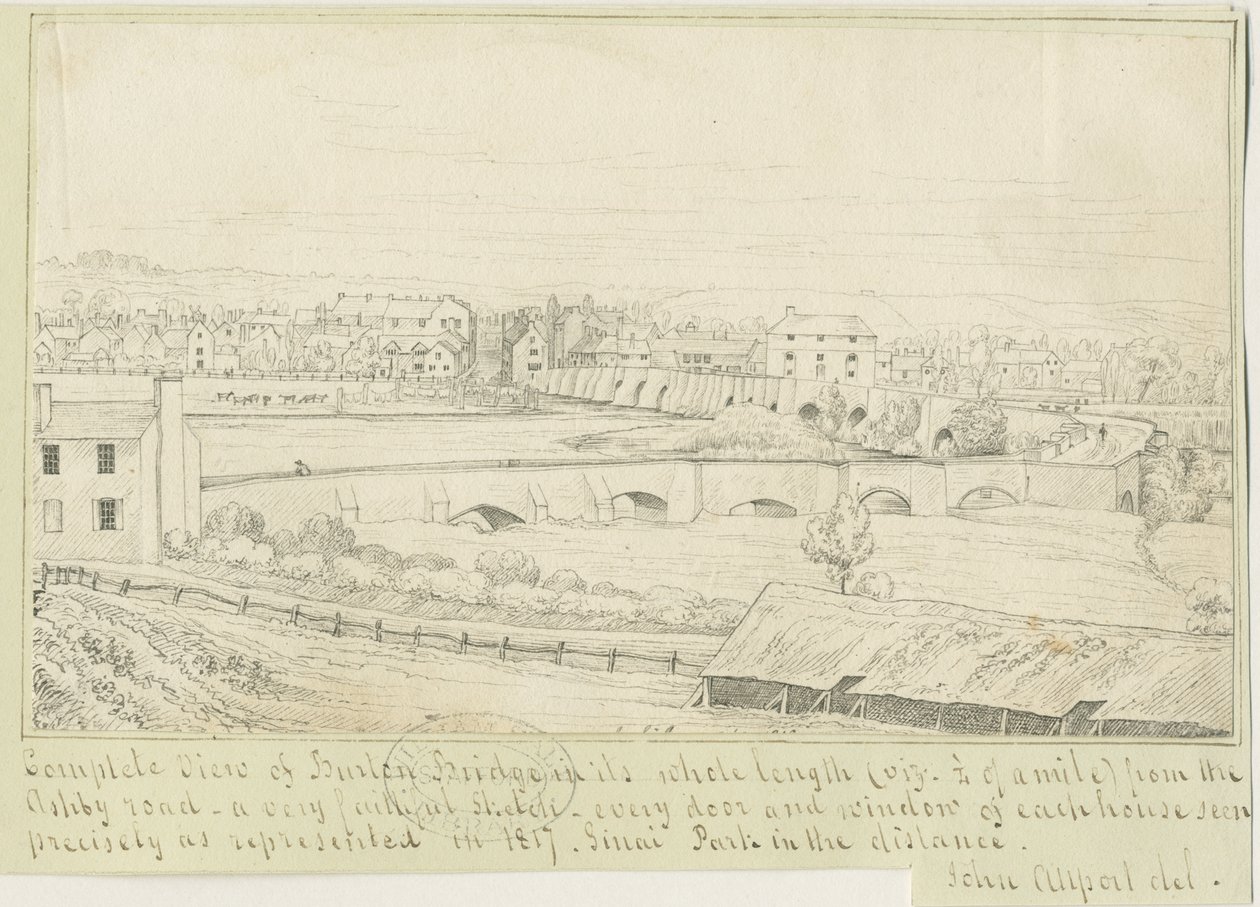 Burton-upon-Trent Bridge and Town: kynäpiirros, 1817 tekijältä John Allport