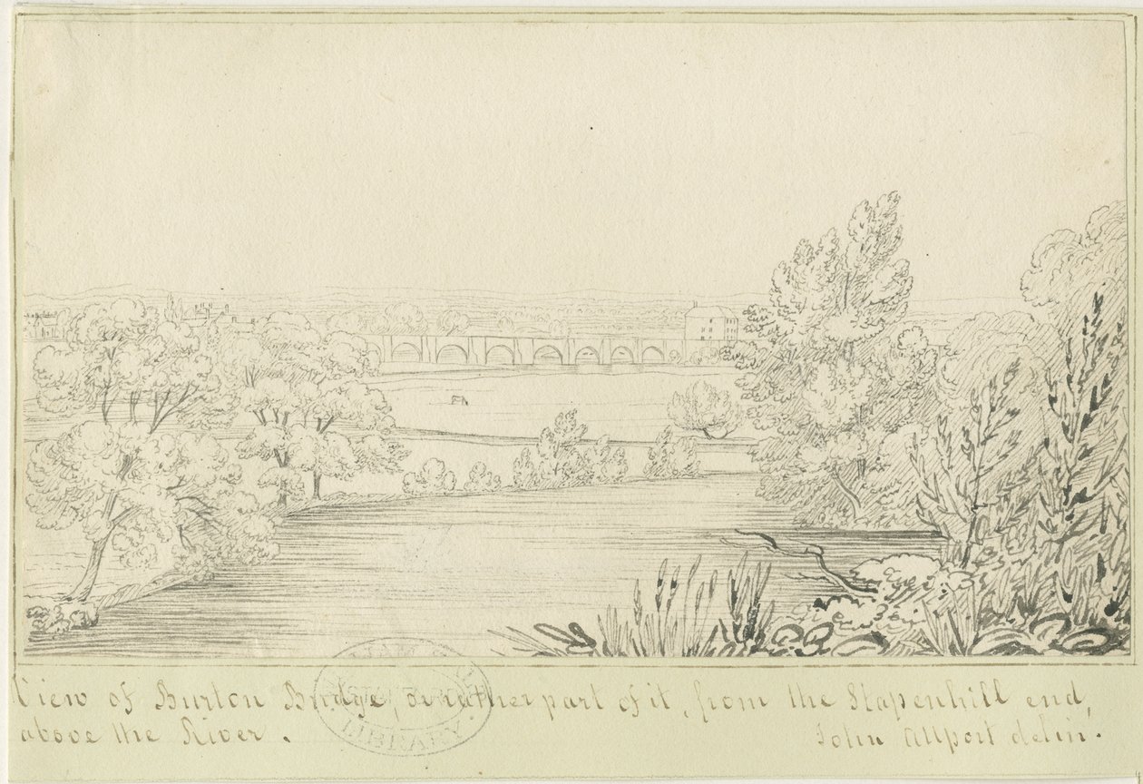 Burton-upon-Trent Bridge and Town: kynäpiirros, nd [c 1817] (piirustus) tekijältä John Allport