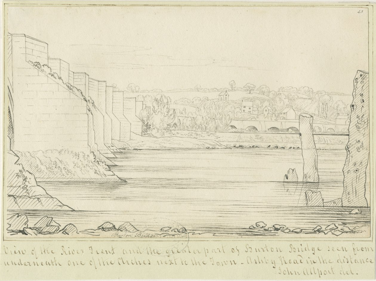 Burton-upon-Trent Bridge and Town: kynäpiirros, nd [c 1817] (piirustus) tekijältä John Allport