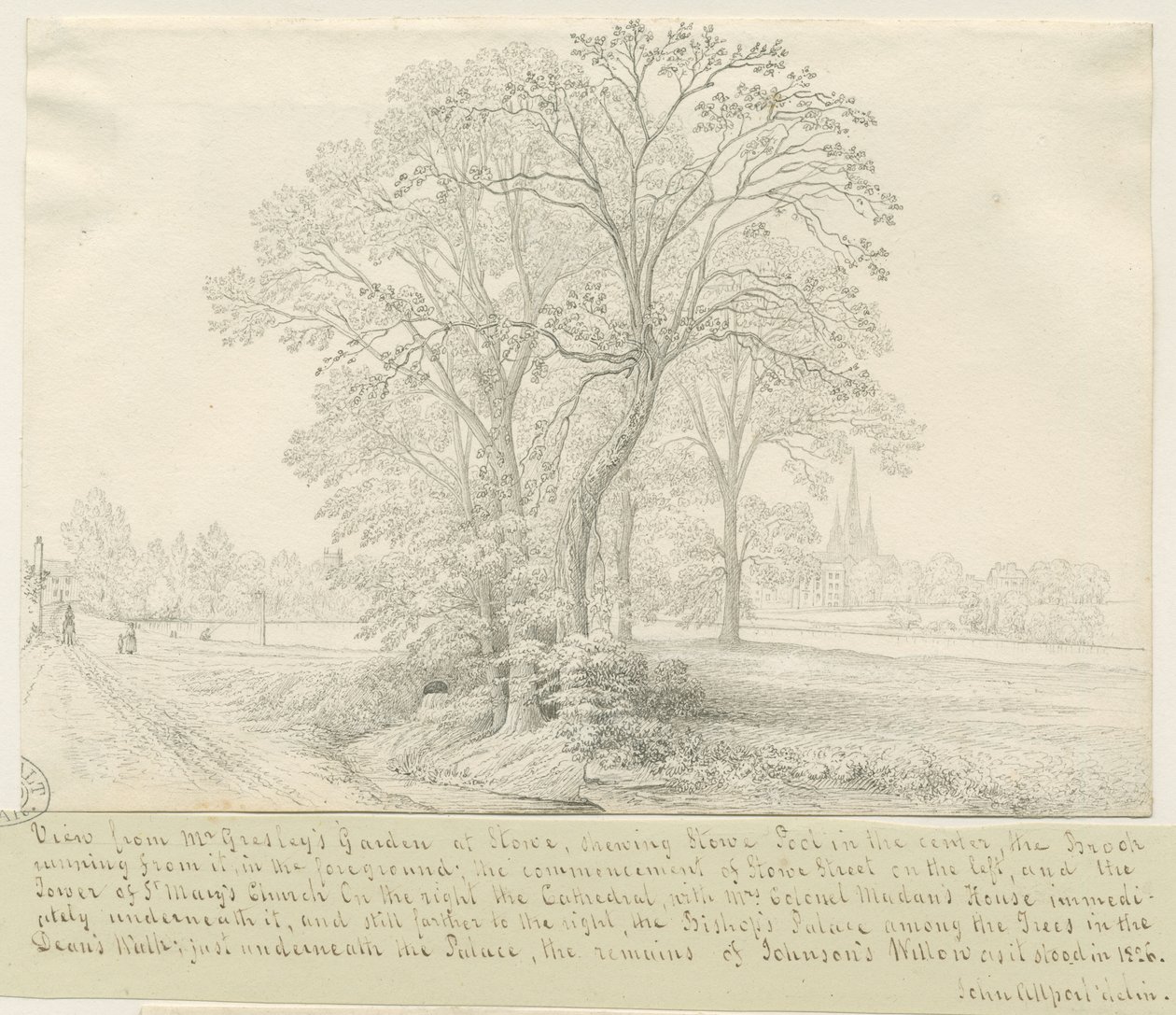 Lichfield - Näkymä Stowe Poolin yli: kynäpiirros, nd [1826] (piirustus) tekijältä John Allport