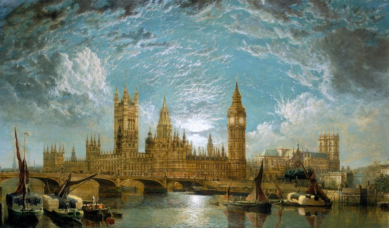 "Westminster Bridge, parlamenttitalo ja Westminster Abbey joesta katsottuna", 1872 tekijältä John Anderson