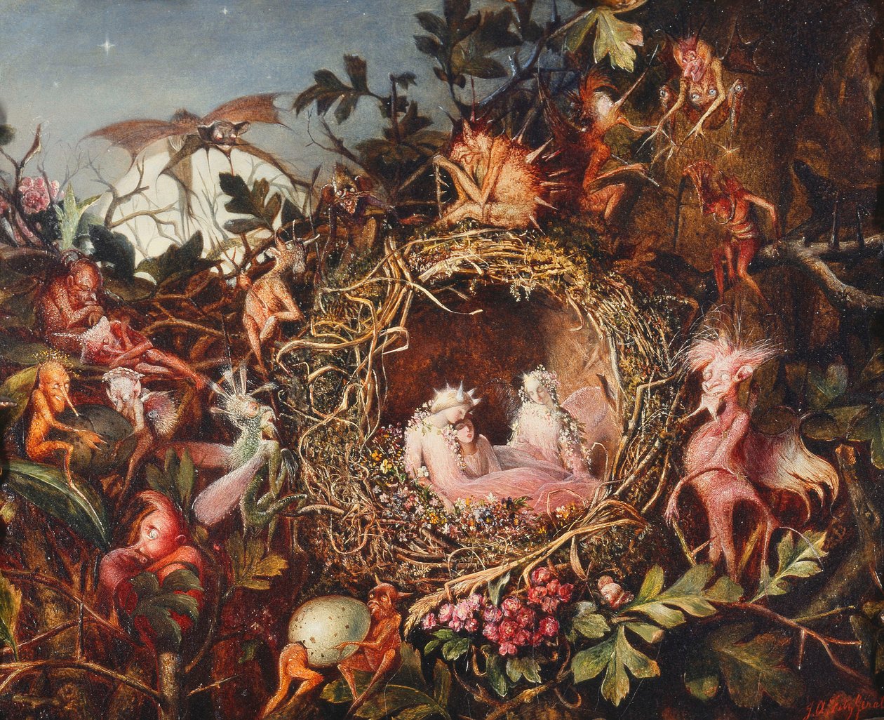 Keijut linnunpesässä, noin 1860 tekijältä John Anster Fitzgerald
