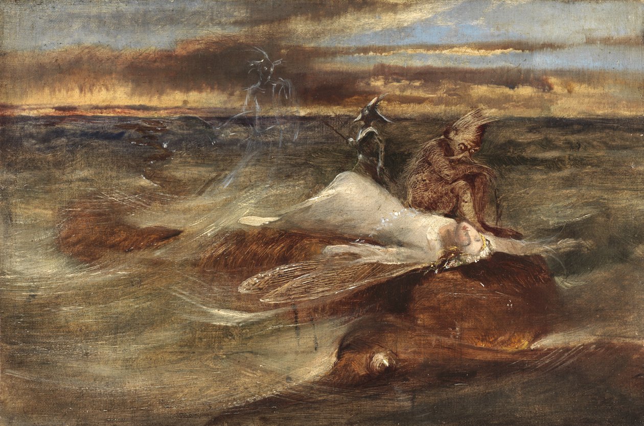 Keiju ja merikäärme (öljy kankaalle, paneelille kiinnitetty) tekijältä John Anster Fitzgerald