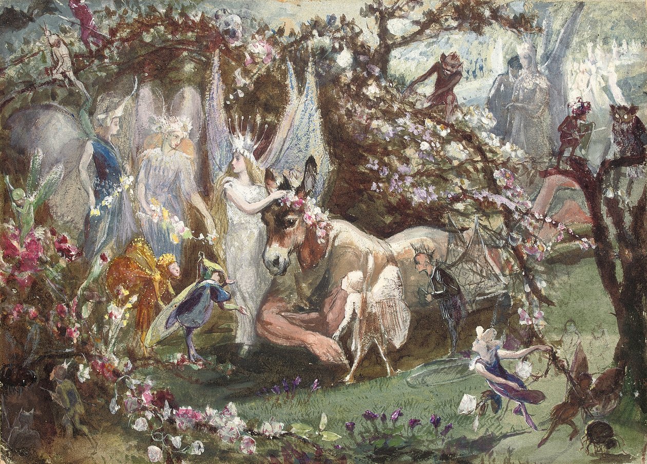 Titania ja Bottom William Shakespearen "Kesäyön unelmasta", tekijältä John Anster Fitzgerald