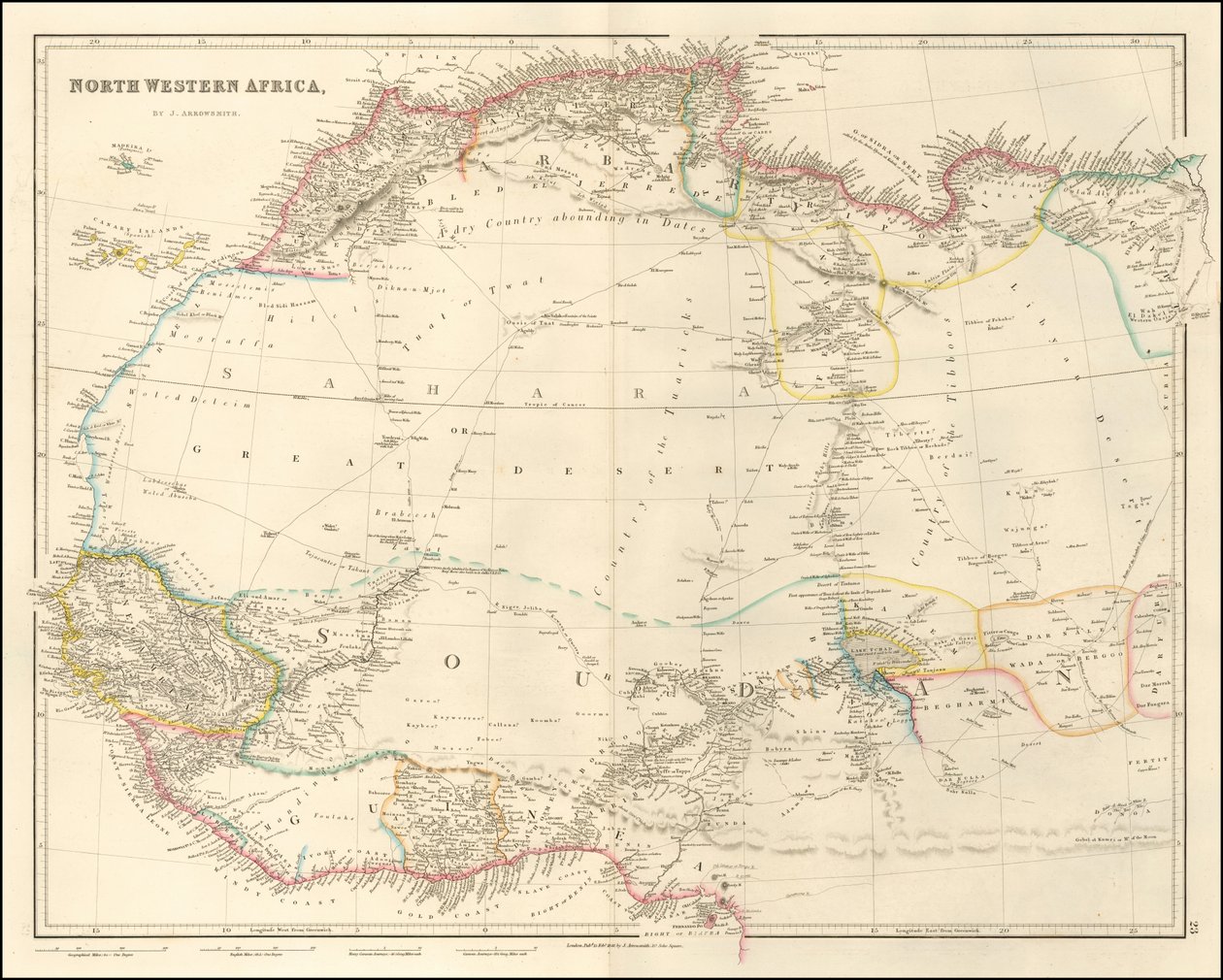 John Arrowsmithin laatima Luoteis-Afrikan kartta vuodelta 1842. tekijältä John Arrowsmith