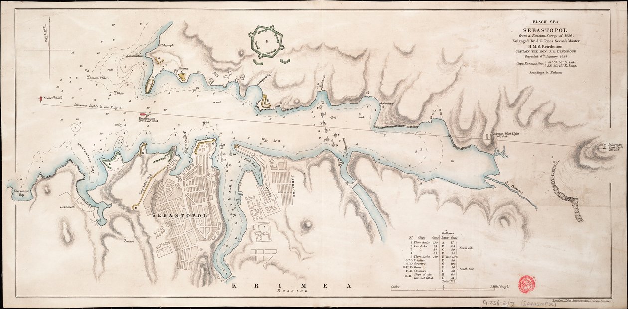 Mustanmeren Sebastopol venäläisen vuoden 1836 kartoituksen perusteella. tekijältä John Arrowsmith