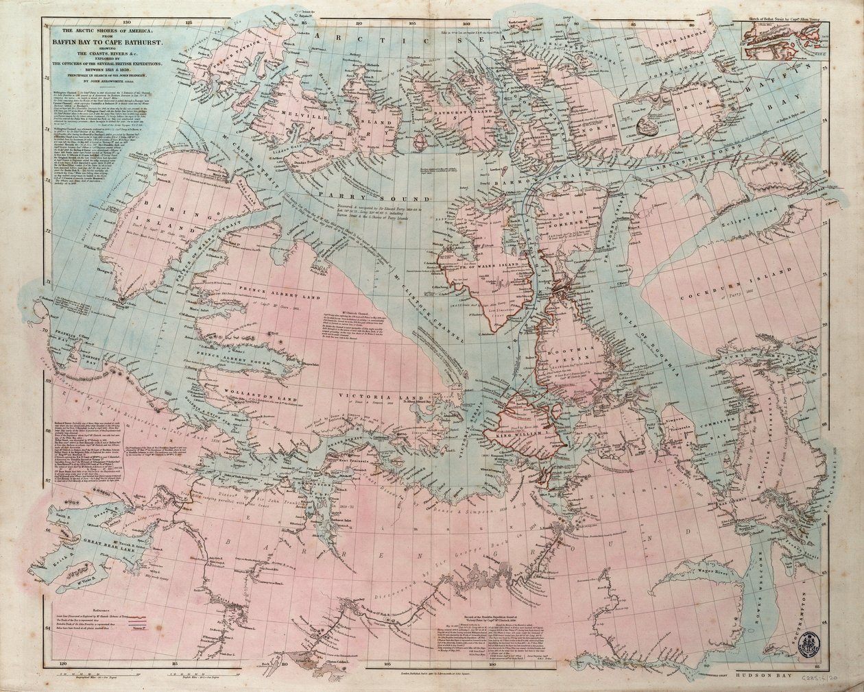 Amerikan arktiset rannikot Baffin Baysta Cape Bathurstiin, jossa näkyvät useiden brittiläisten retkikuntien upseerien vuosina 1818 ja 1859 tutkimat rannikot ja joet. tekijältä John Arrowsmith