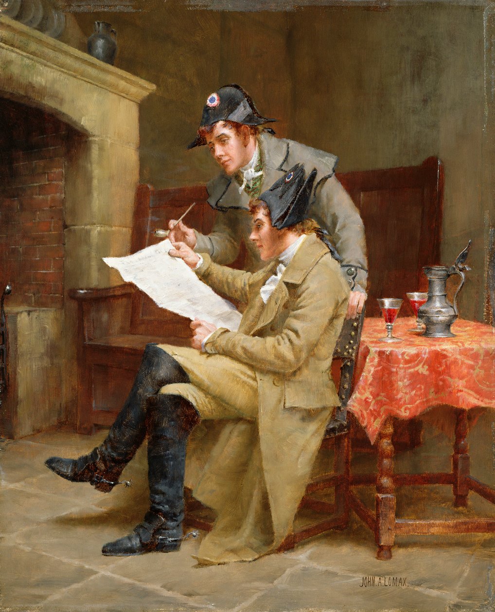 Uutiset armeijasta, n. 1900 (öljy paneelissa) tekijältä John Arthur Lomax