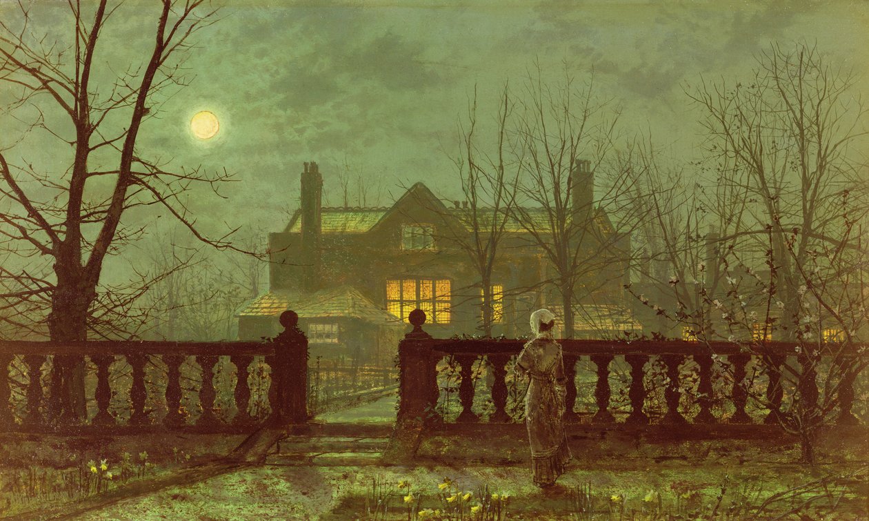 Nainen puutarhassa kuunvalossa, 1882 tekijältä John Atkinson Grimshaw
