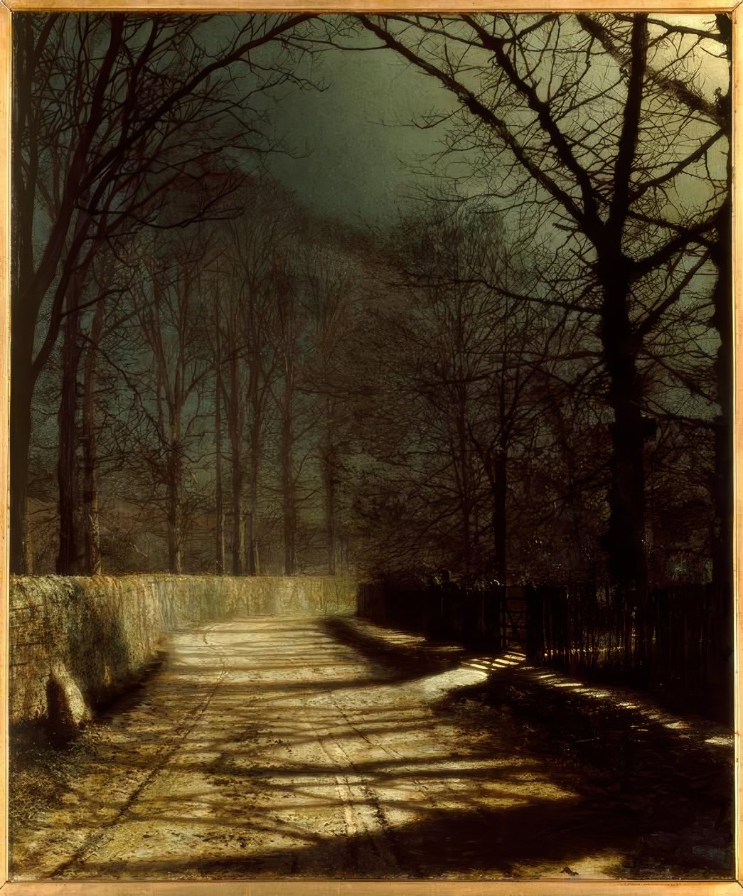 J.A.Grimshaw, Kuutamoinen kaista, jossa kaksi rakastajaa portin vieressä / Jalokivi. tekijältä John Atkinson Grimshaw
