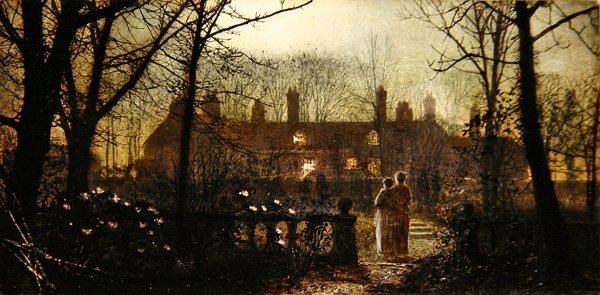 Kuutamoinen kohtaus kahdella hahmolla (öljy paneelissa) tekijältä John Atkinson Grimshaw