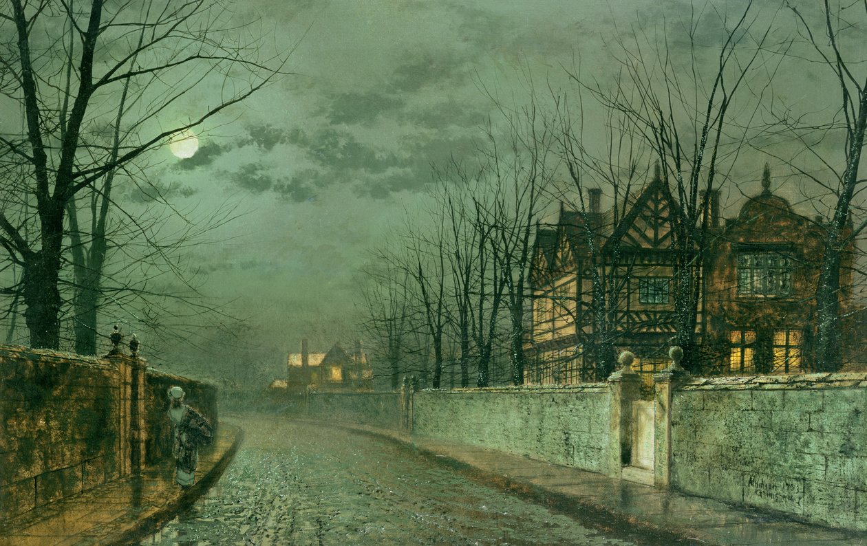Old English House, Moonlight after Rain, 1883 tekijältä John Atkinson Grimshaw