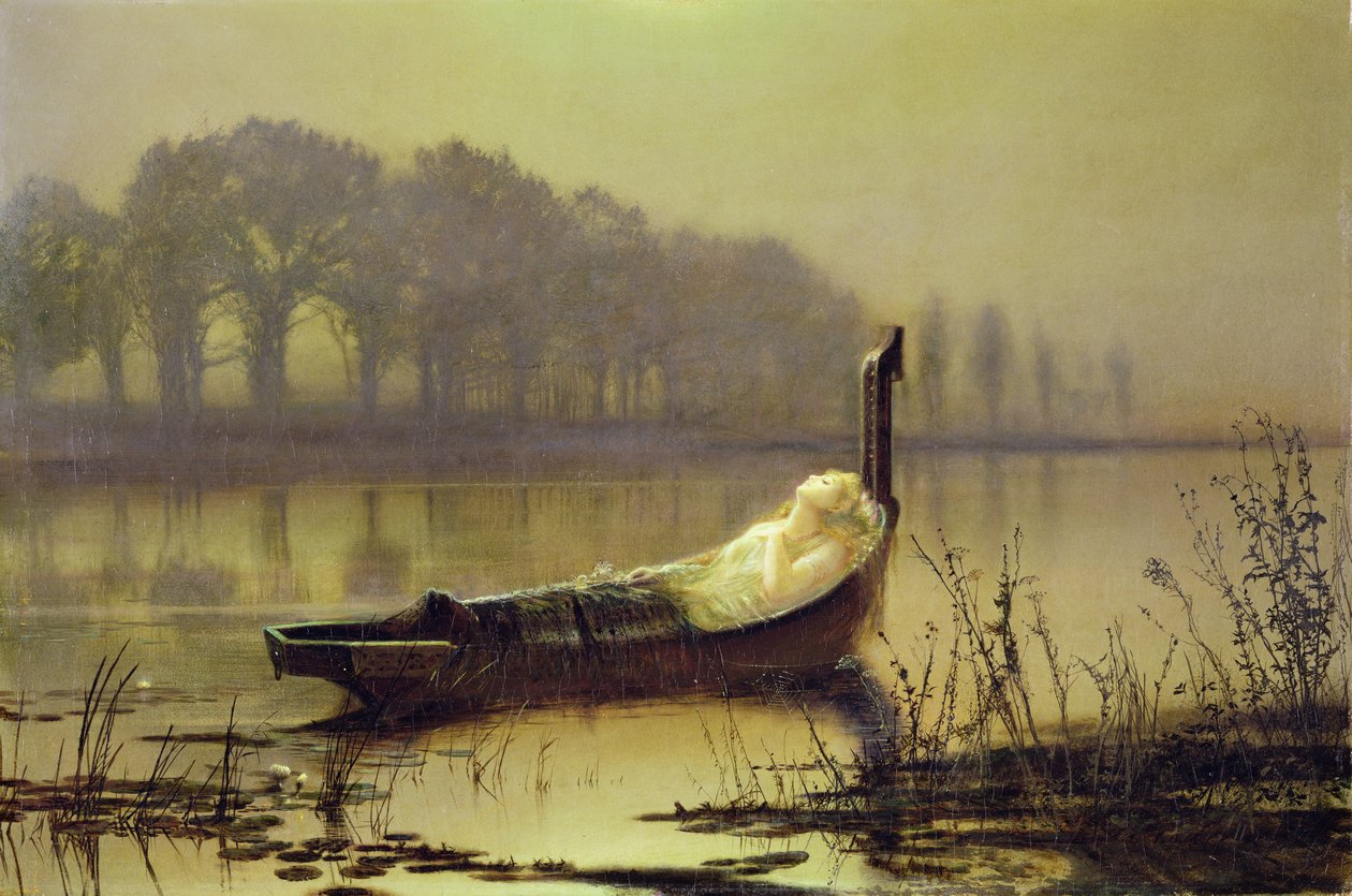 "The Lady of Shalott", n. 1875 (öljy kankaalle) tekijältä John Atkinson Grimshaw
