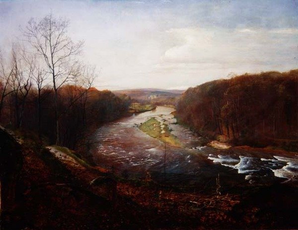 Wharfe Bolton Woodsin yllä ja Barden Tower kaukana (öljy kankaalle) tekijältä John Atkinson Grimshaw
