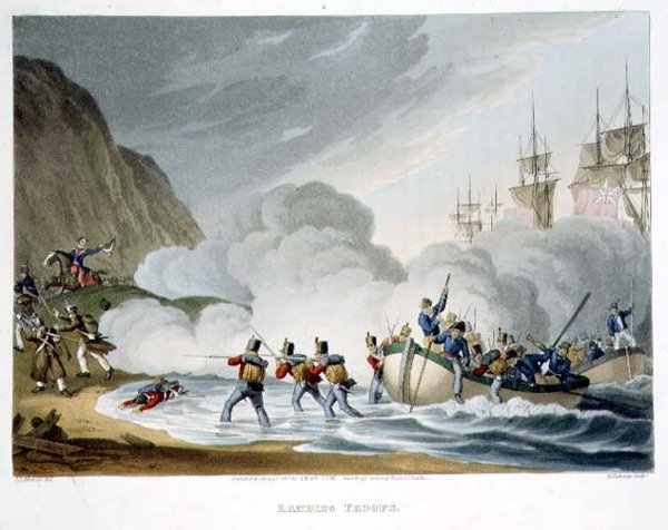 Landing Troops, kaiverrettu Matthew Dubourg (fl.1813-20) teoksesta Historic, Military and Naval Anekdootit, pub. kirjoittanut Edward Orme (1774-n. 1820) 1817 (akvatinta) tekijältä John Augustus (after) Atkinson