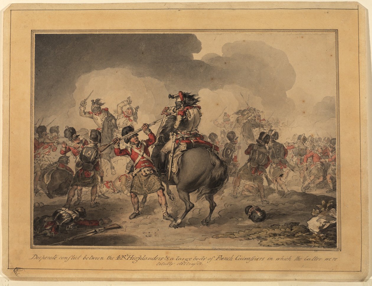 42nd Highlanders Waterloossa, 1815 (kynä ja muste wc paperilla) tekijältä John Augustus Atkinson