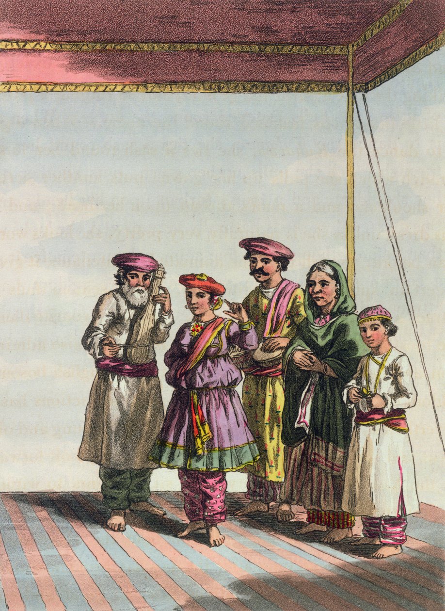 Tyttö tanssii Kuharwaa, "A Mahratta Camp", 1813 (värikaiverrus) tekijältä John Augustus Atkinson