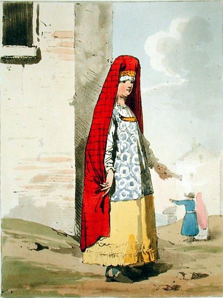 Taiteilijan kaivertama kauppiaan vaimo, julkaistu 1804 (katso myös 169211) tekijältä John Augustus Atkinson