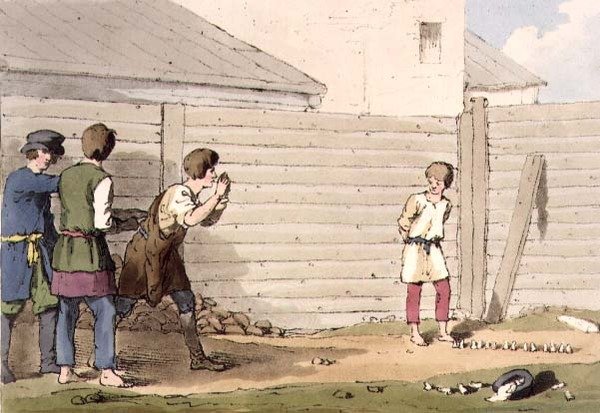 Babki, taiteilijan kaivertama taiteilijan käytöstavat, tavat ja huvit, nide 13, levy 13, pub. 1803 (akvatinta) tekijältä John Augustus Atkinson