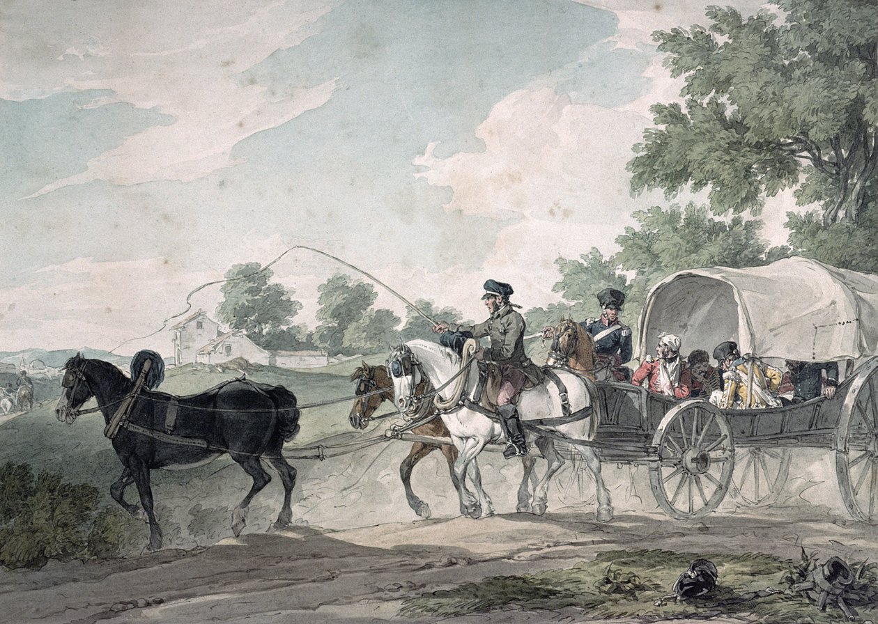 Belgialainen vaunu, joka kuljettaa haavoittuneita kentältä Waterloon taistelun jälkeen, 1815 tekijältä John Augustus Atkinson