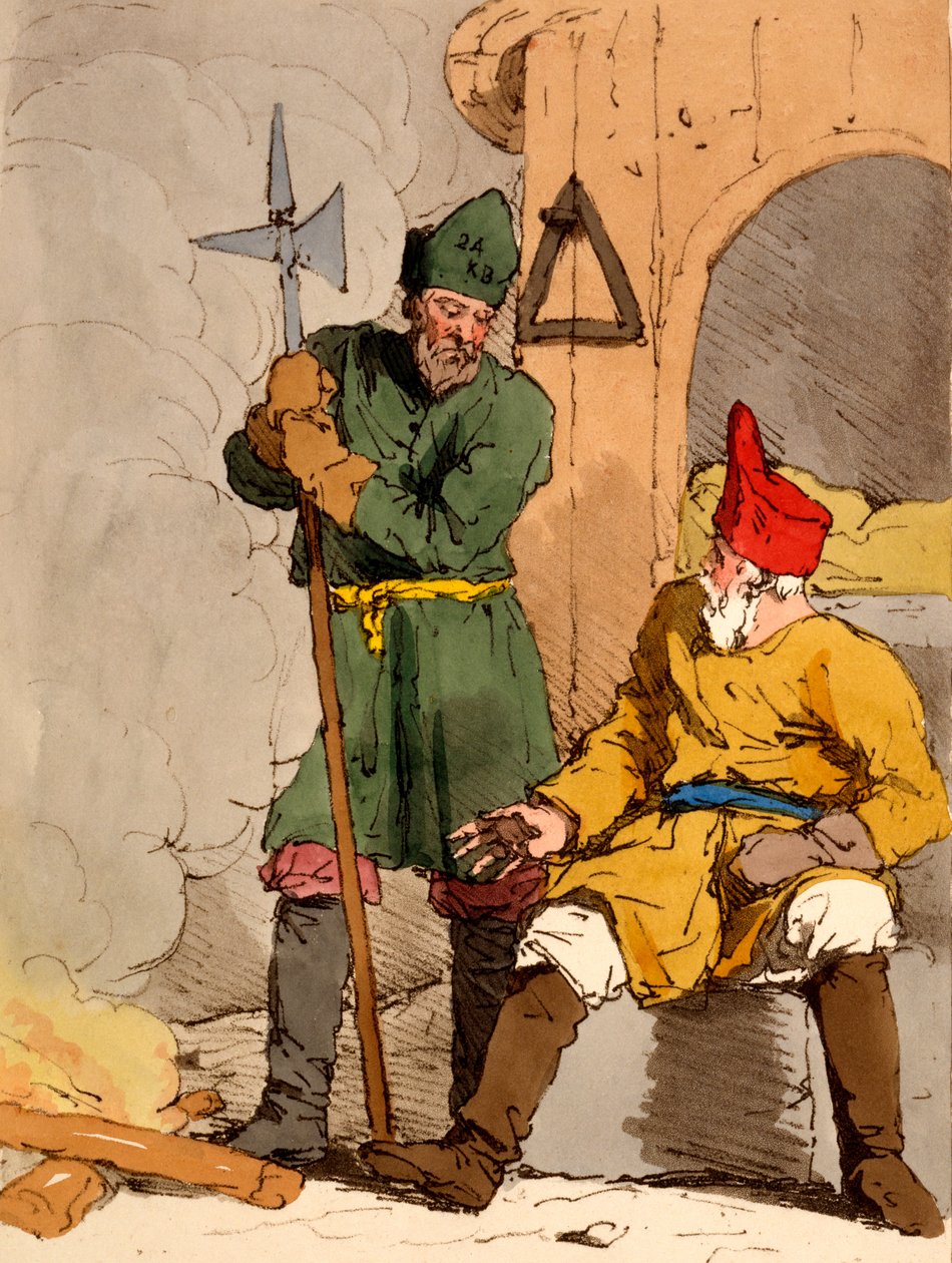 "Boutoushniki" tai Watchmen, kuvitus James Walkerin teoksesta "The Manners, Customs and Amusements of the Russians", julkaistu 1803-4 (akvatinta etsaus) tekijältä John Augustus Atkinson