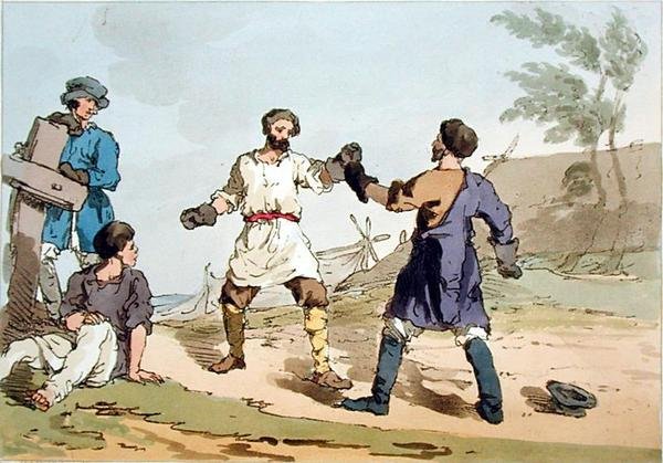 Nyrkkeily, taiteilijan kaivertama, julkaistu 1804 (värilitho) tekijältä John Augustus Atkinson
