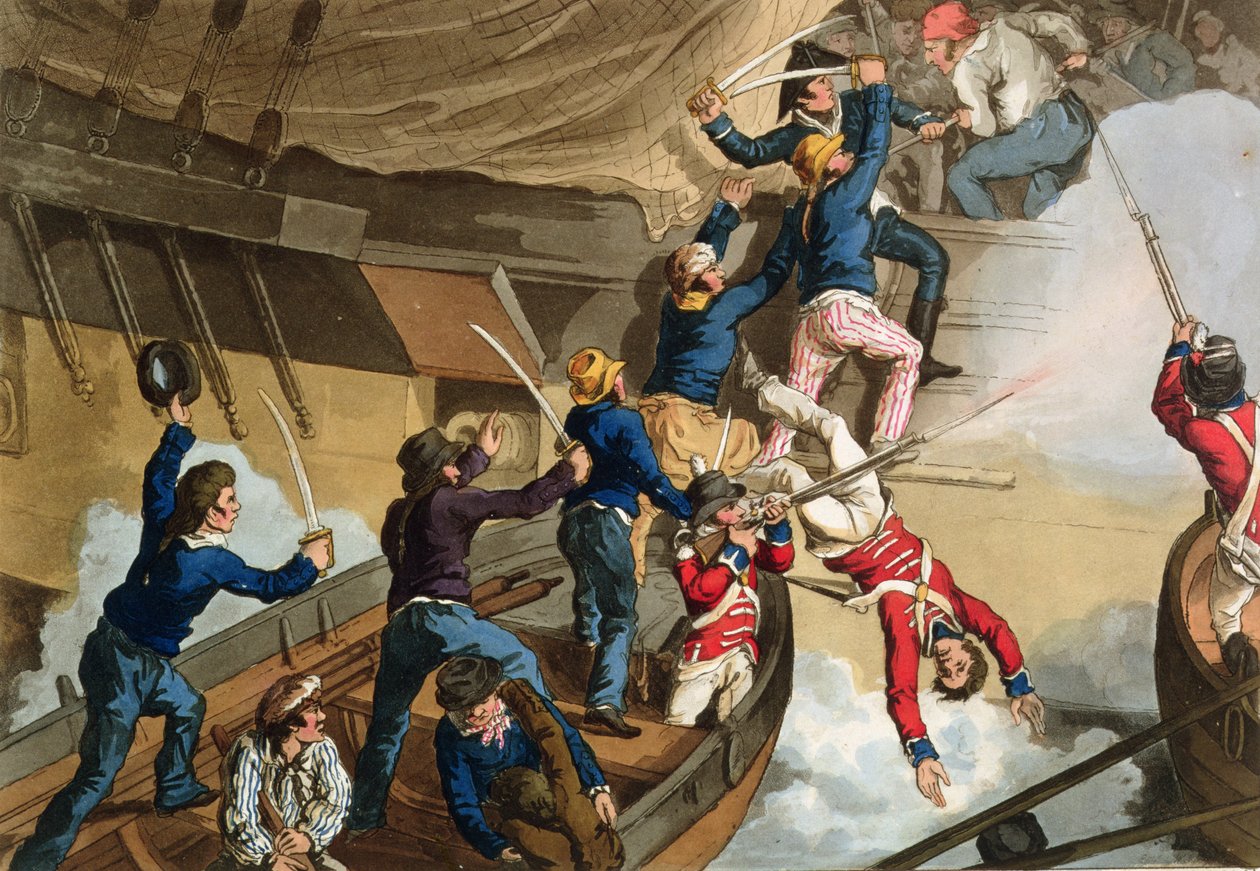 British Sailors Boarding a Man of War, kaiverrettu Fry ja Sutherland, pubista Historic, Military and Naval Anekdootit. kirjoittanut Edward Orme (1774-n. 1820) 1815 (akvatinta) tekijältä John Augustus Atkinson