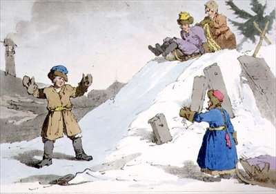 Lapset menossa alas jäämäeltä, taiteilijan kaivertama taiteilijan käytöstavat, tavat ja huvit, laatta 38, osa II. 1804 (akvatinta) tekijältä John Augustus Atkinson