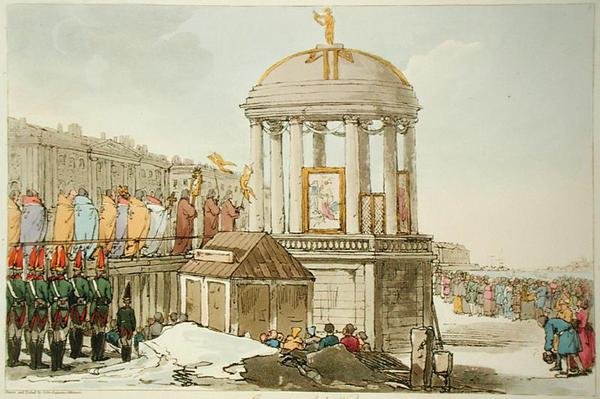 Veden pyhitys, taiteilijan kaivertama, julkaistu 1804 (värilitho) tekijältä John Augustus Atkinson