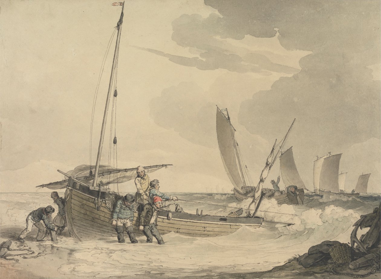 Kalastaja laskeutumassa merelle tekijältä John Augustus Atkinson