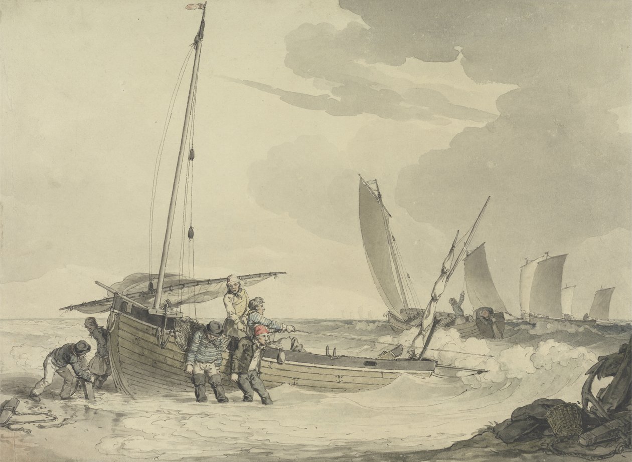 Kalastaja merelle, n. 1810 (wc kynällä ja musteella paperilla) tekijältä John Augustus Atkinson
