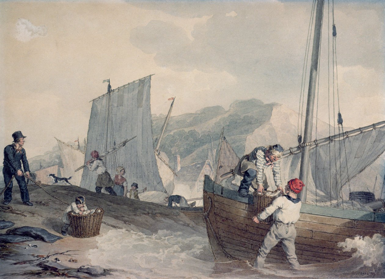 Kalastusveneiden purkaminen (akvarelli) tekijältä John Augustus Atkinson