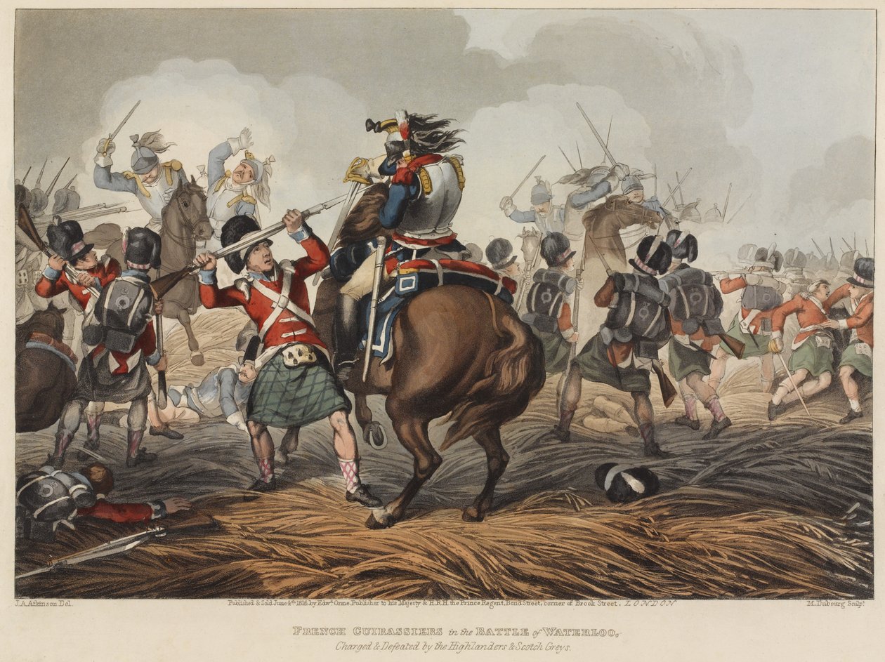 Ranskalaiset Cuirassiers Waterloon taistelussa Highlandersin ja Scotch Greysin lyömät ja voittamat, kaiverrus M. Dubourg, 1819 (värinen akvatinta) tekijältä John Augustus Atkinson