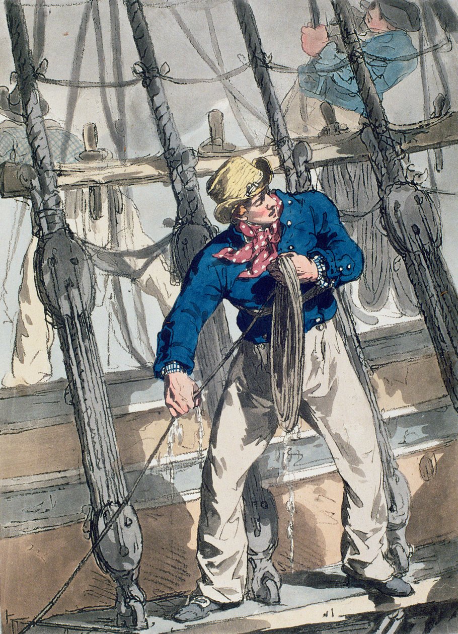 Taiteilijan kaivertaman Costume of Great Britainin lyijyä, pubi. William Miller ja James Walker, 1807 (värillinen etsaus) tekijältä John Augustus Atkinson