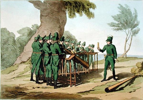Horn Music, taiteilijan kaivertama, julkaistu 1803 (värilitho) tekijältä John Augustus Atkinson