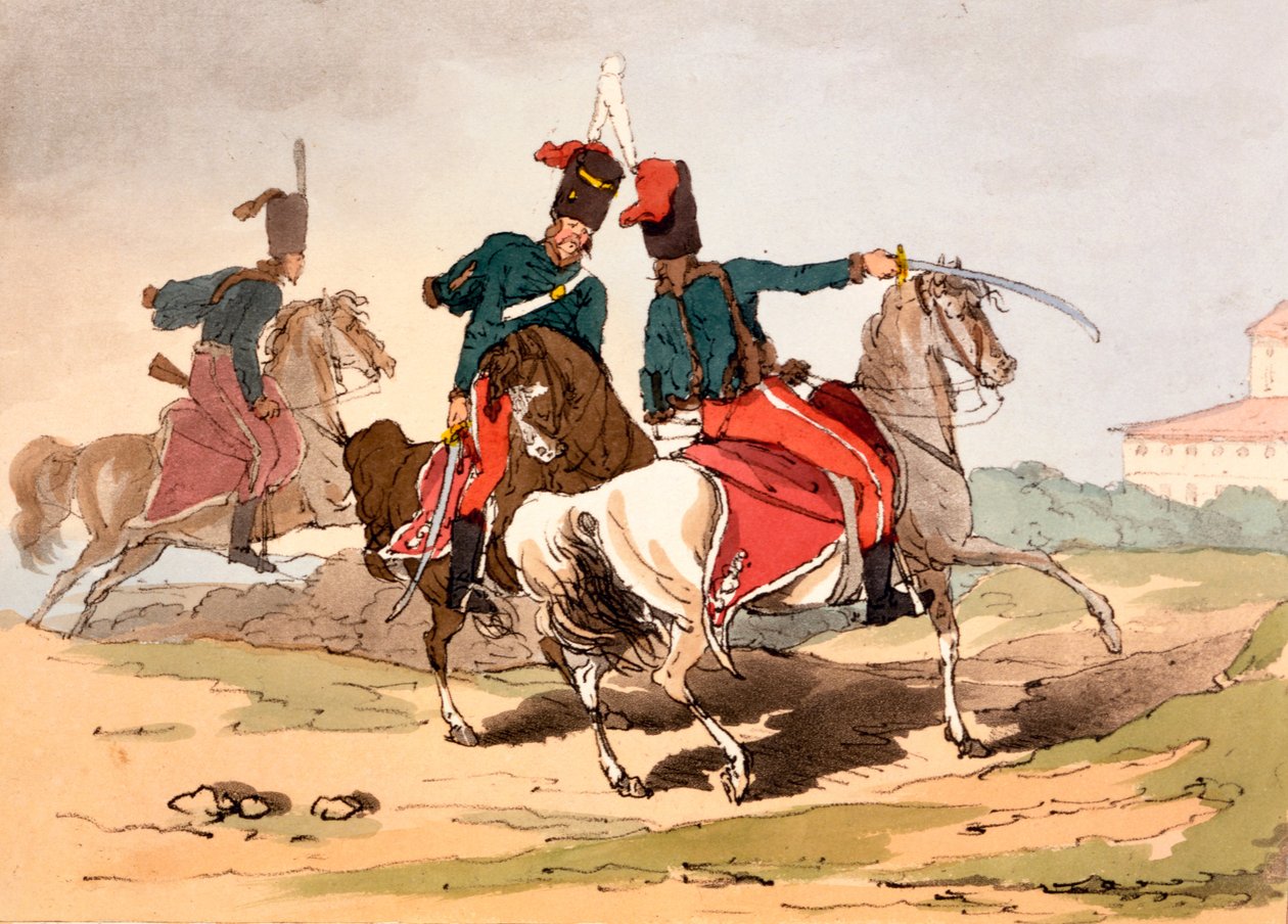 Husaarit unkarilaistyylisissä univormuissa, kuvitus James Walkerin teoksesta "The Manners, Customs and Amusements of the Russian", julkaistu 1803-4 (akvatinta-etsaus) tekijältä John Augustus Atkinson