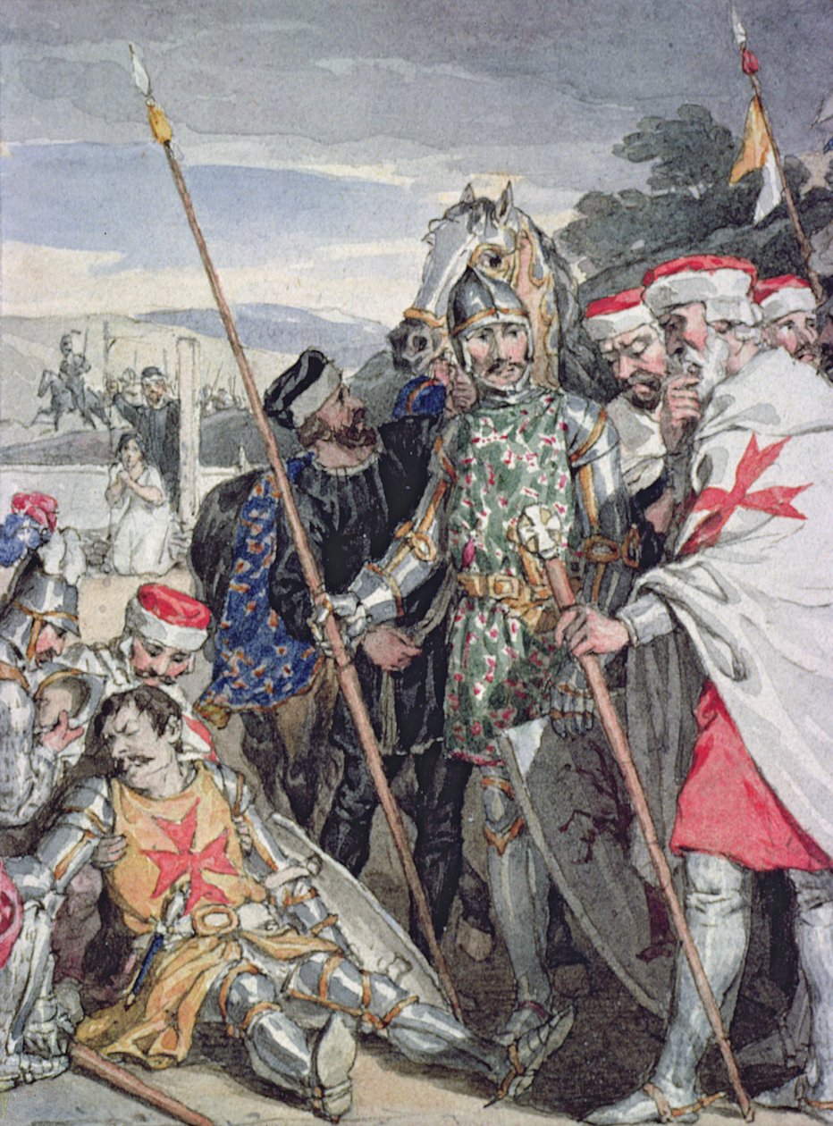 Sir Walter Scottin Ivanhoe: Sir Brian de Bois-Guilbertin kuolema tekijältä John Augustus Atkinson