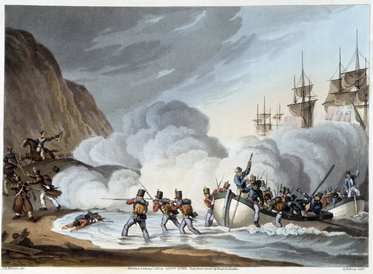 Joukkojen maihinnousu, 1800-luvun alku Edward Ornen "" Historiallisissa, sotilaallisissa ja merivoimien anekdooteissa..." tekijältä John Augustus Atkinson