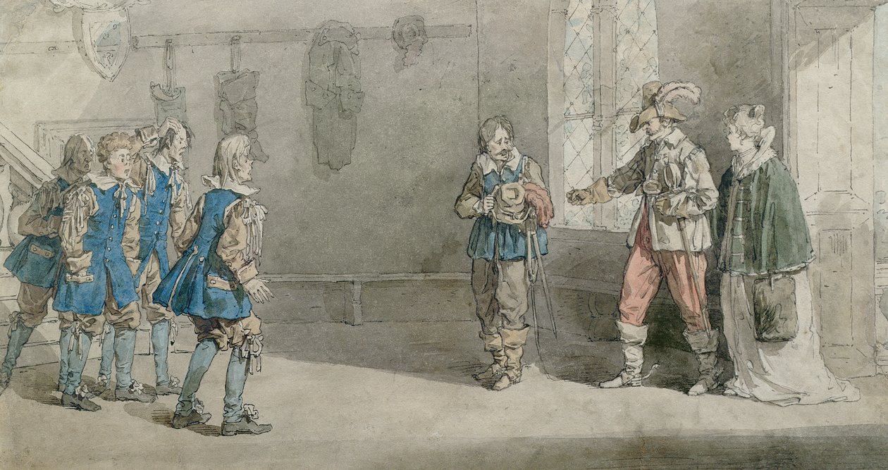 Petruchio, Katariina ja palvelijat kohtauksessa elokuvasta "Kurjenmiehen kesytys", noin 1815 (kynä ja wc paperille). tekijältä John Augustus Atkinson